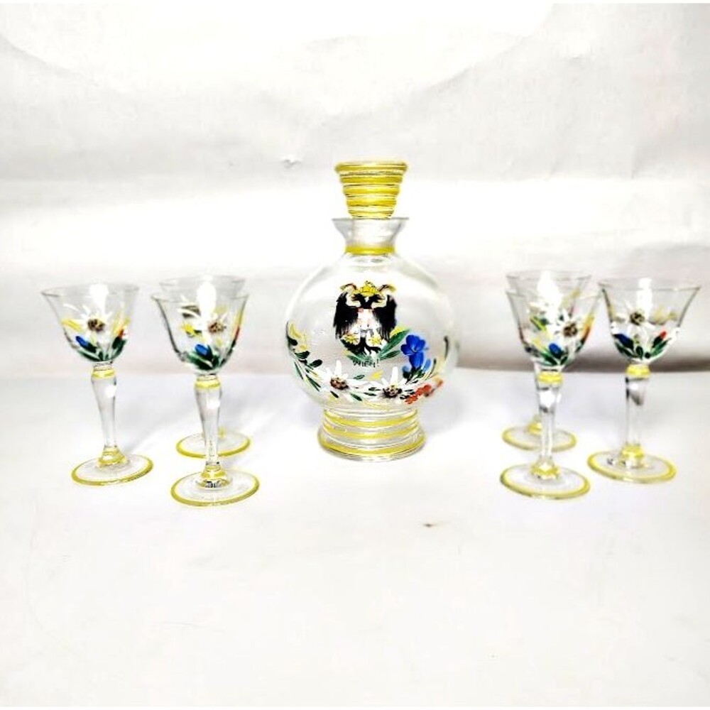 Vienna Wein Liquor Cordial Decanter 6 Shot Glasses Double Headed Eagle Crest